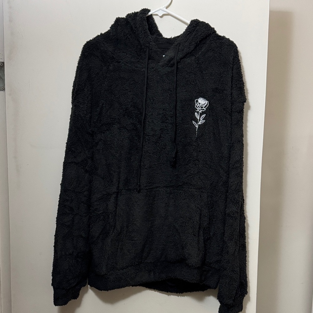 Zaful Black Fuzzy Hoodie with White Rose Embroidery